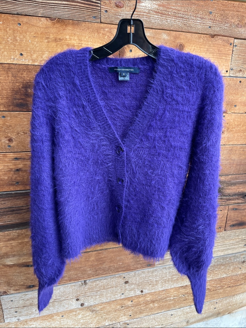 French Connection Fuzzy Cardigan Sweater Purple Button Front Soft Knit Women’s S